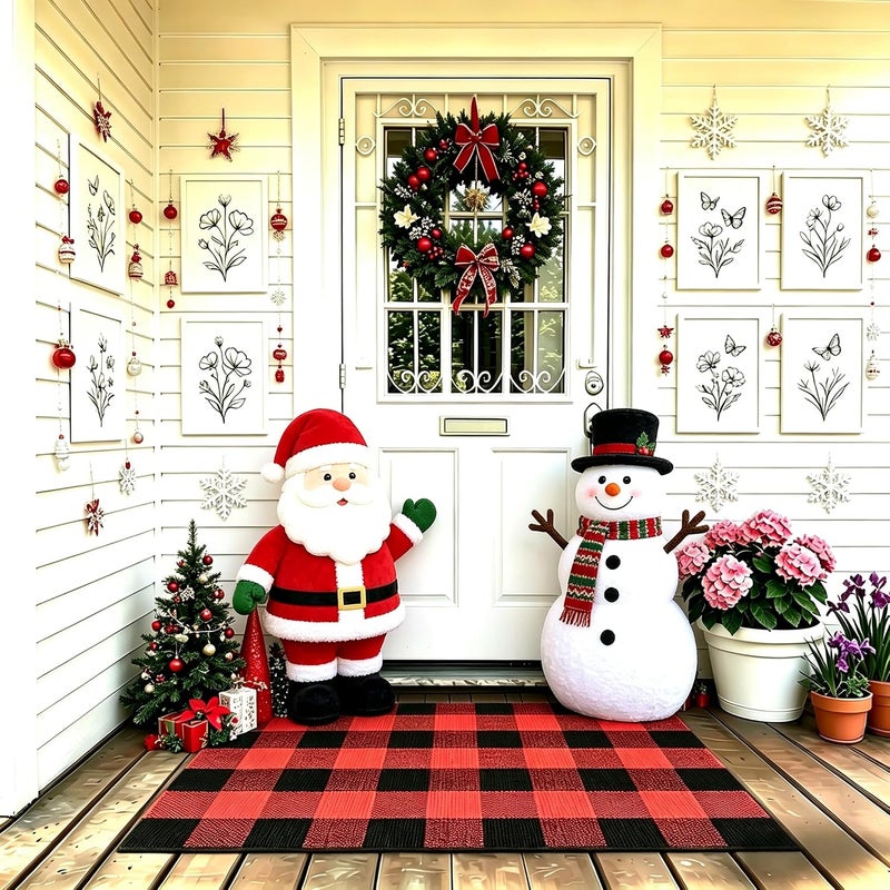 MUBIN Major city pickup option Christmas Door Mat Outdoor 27.5 x 43 Inch Red and Black Plaid Rug Christmas Decor Rug Cotton Hand-Woven Layered Door Mats Washable Carpet for Front Porch, Kitchen, Farmhouse, Entryway Cleaner resistant - Image 4