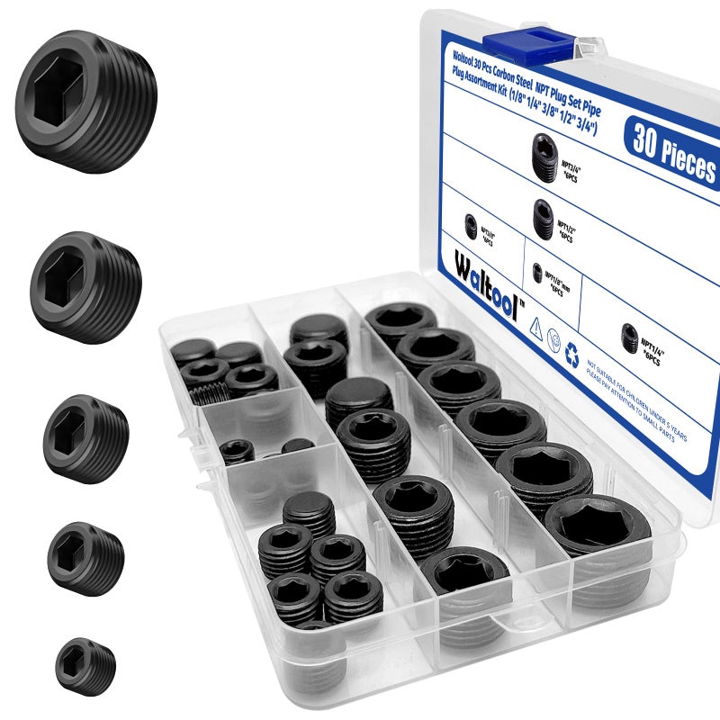 Waltool 30 Pcs Carbon Steel NPT Pipe Plugs Assortment Kit 18 14 38 12 34 Internal Hex Thread Socket Pipe Plug for Sealing Pipe Port - Image 2