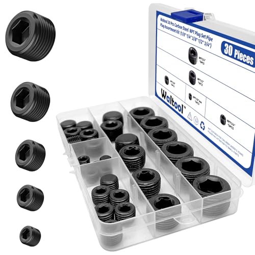 Waltool 30 Pcs Carbon Steel NPT Pipe Plugs Assortment Kit 18 14 38 12 34 Internal Hex Thread Socket Pipe Plug for Sealing Pipe Port - Image 1