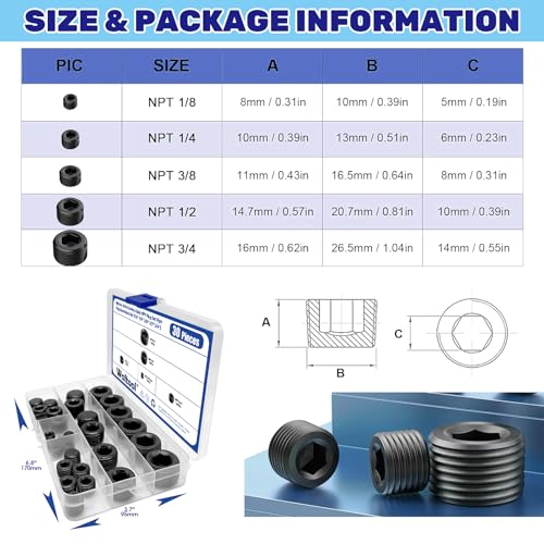 Waltool 30 Pcs Carbon Steel NPT Pipe Plugs Assortment Kit 18 14 38 12 34 Internal Hex Thread Socket Pipe Plug for Sealing Pipe Port - Image 3