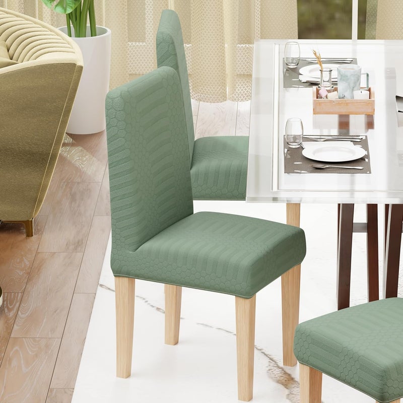 Lukzer Stretchable Dining Chair Cover Elastic Washable Jacquard Slipcover Ideal for Home Hotel Office Protects from Stains Wear Pastel Green Dotted Stripe Pattern Set of 6 - Image 2