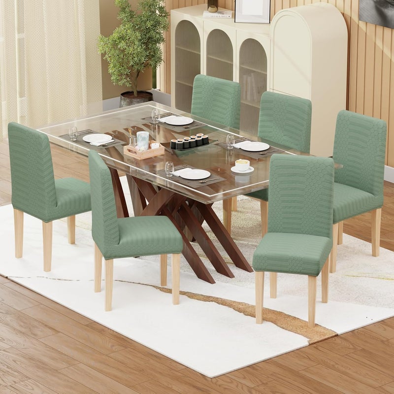 Lukzer Stretchable Dining Chair Cover Elastic Washable Jacquard Slipcover Ideal for Home Hotel Office Protects from Stains Wear Pastel Green Dotted Stripe Pattern Set of 6 - Image 1