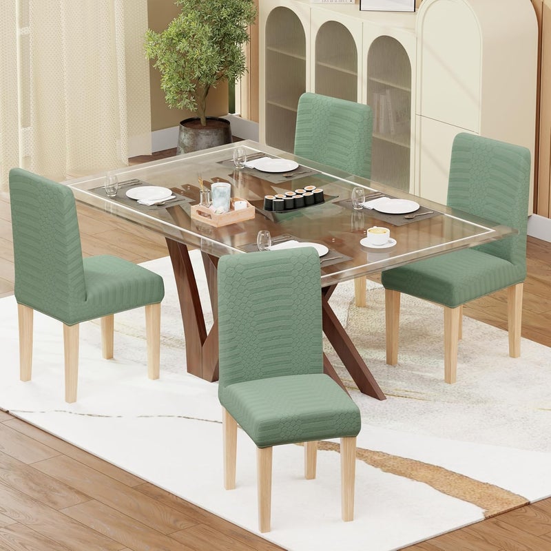 Lukzer Stretchable Dining Chair Cover Elastic Washable Jacquard Slipcover Ideal for Home Hotel Office Protects from Stains Wear Pastel Green Dotted Stripe Pattern Set of 6 - Image 3
