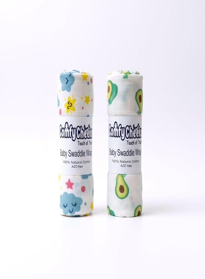 Comfy Cheeks طقم لفافات أطفال من قطن الموسلين 100% من كومفي تشيكس | عبوة من قطعتين كبيرتين 115×100 سم لفافات مولمول للأطفال حديثي الولادة حتى عمر 18 شهرًا | بطانيات ومناشف أطفال مطبوعة ناعمة وجيدة التهوية - Image 1