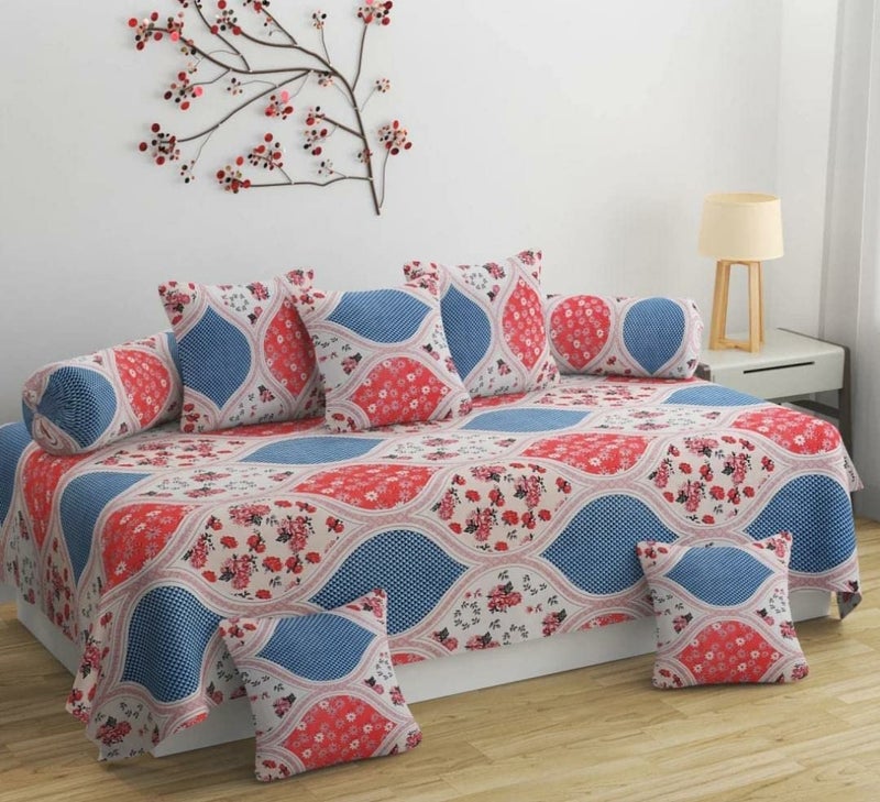 DWORTH DWORTH Premium Cotton Floral Pattern 8 Pieces Diwan Set Covers of 1 Single Diwan Bedsheet 5 Cushion Covers Two Bolster Covers Pink  - Image 1