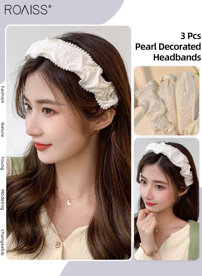 رويس 3 قطع من عصابات الرأس النسائية ذات اللآلئ البيضاء المطوية، عصابة رأس واسعة من القماش بتصميم بوهو، عصابة رأس عصرية غير قابلة للانزلاق لغسل الوجه، إكسسوارات شعر رائعة مناسبة لحفلات الزفاف والحفلات - Image 1