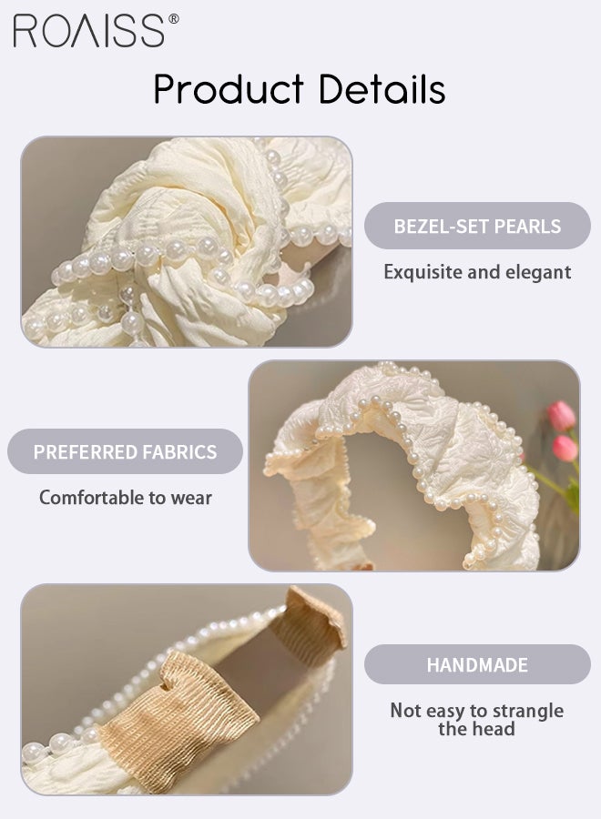 رويس 3 قطع من عصابات الرأس النسائية ذات اللآلئ البيضاء المطوية، عصابة رأس واسعة من القماش بتصميم بوهو، عصابة رأس عصرية غير قابلة للانزلاق لغسل الوجه، إكسسوارات شعر رائعة مناسبة لحفلات الزفاف والحفلات - Image 5