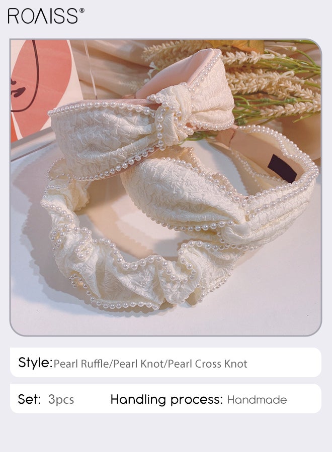 رويس 3 قطع من عصابات الرأس النسائية ذات اللآلئ البيضاء المطوية، عصابة رأس واسعة من القماش بتصميم بوهو، عصابة رأس عصرية غير قابلة للانزلاق لغسل الوجه، إكسسوارات شعر رائعة مناسبة لحفلات الزفاف والحفلات - Image 4