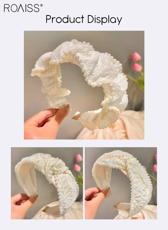 رويس 3 قطع من عصابات الرأس النسائية ذات اللآلئ البيضاء المطوية، عصابة رأس واسعة من القماش بتصميم بوهو، عصابة رأس عصرية غير قابلة للانزلاق لغسل الوجه، إكسسوارات شعر رائعة مناسبة لحفلات الزفاف والحفلات - Image 3