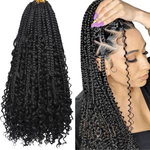 Beverlee 18 Inch Boho Box Braids 8 Packs Goddess Box Braids Crochet Hair Bohemian Hippie Braids Braiding Hair Box Braids with Curly Ends Messy Pre-looped Synthetic Crochet Hair for Women 1B# - Image 1