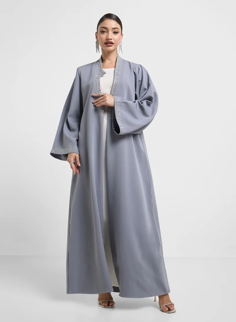 hayas closet Embellished Neck Flared Sleeve Abaya