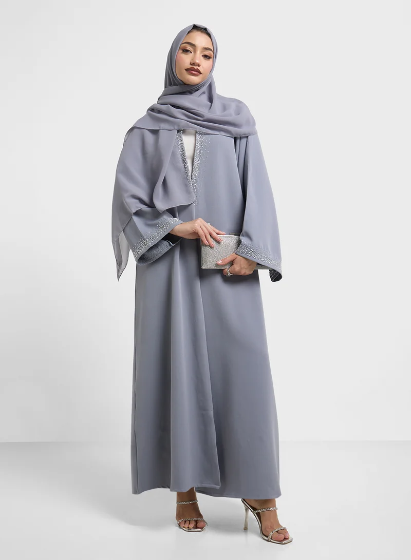 hayas closet Embellished Neck Flared Sleeve Abaya