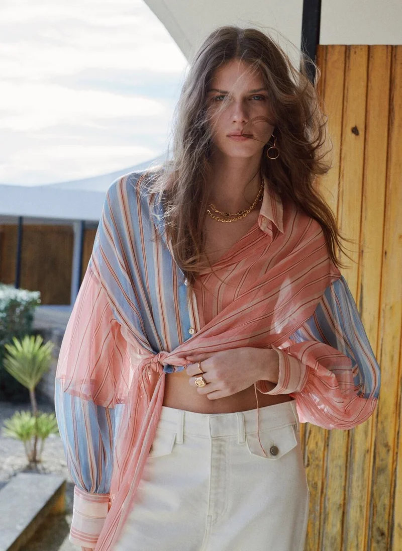 MANGO Striped Blouse With Tie Fastening