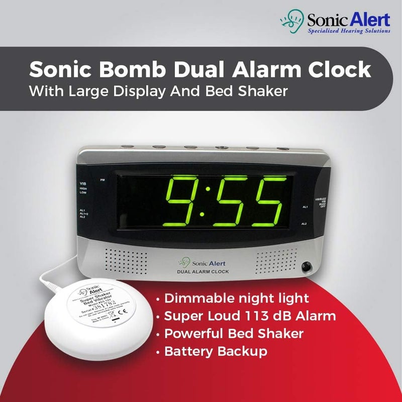 Sonic Alert Sonic Bomb Extra Dual Alarm Clock with Large Display - SBD375SS, Silver - Image 2