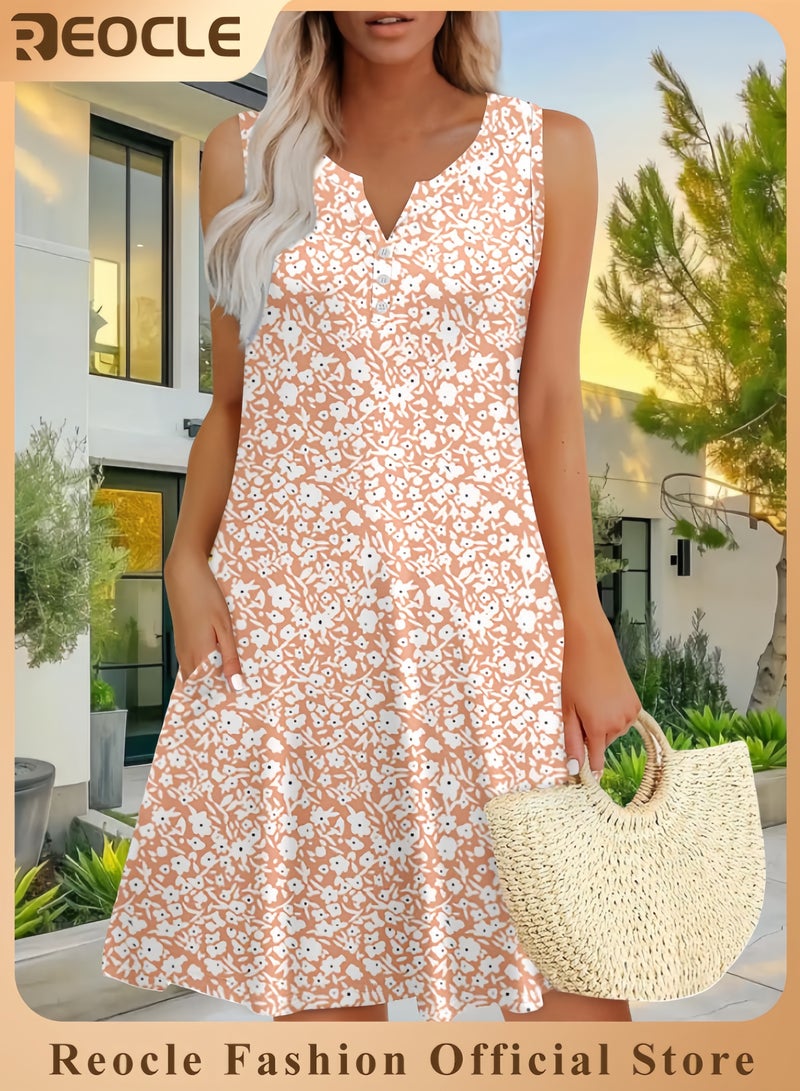 REOCLE Dresses for Women Casual Summer Boho Beach Dress Loose V Neck Sleeveless Sundresses Swimsuit Coverup with Pockets - Image 1