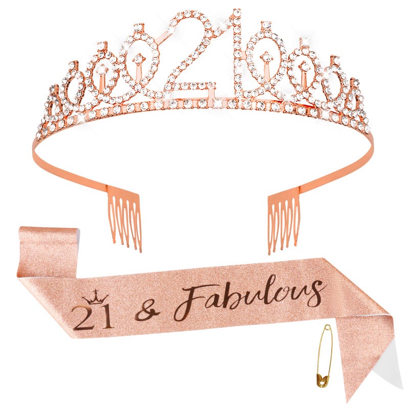 Fowecelt 21st Birthday Sash Tiara - Rose Gold Happy Birthday Gift Queen Tiara and Sash for Women, Rhinestone Crowns Kit for 21st Birthday, Crystal Tiara Satin Sash for 21st Birthday Party - Image 1