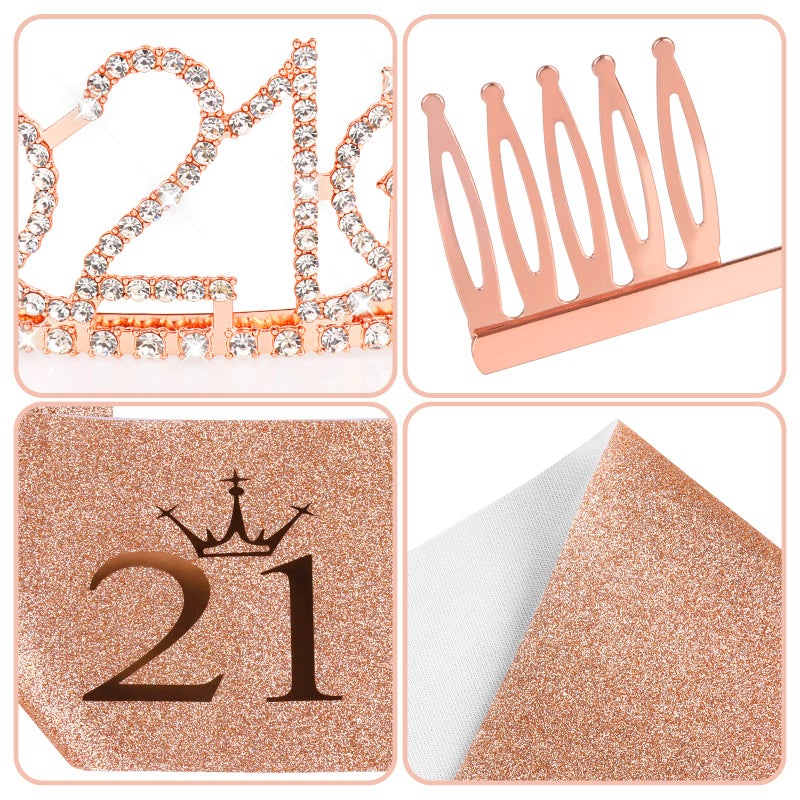 Fowecelt 21st Birthday Sash Tiara - Rose Gold Happy Birthday Gift Queen Tiara and Sash for Women, Rhinestone Crowns Kit for 21st Birthday, Crystal Tiara Satin Sash for 21st Birthday Party - Image 2