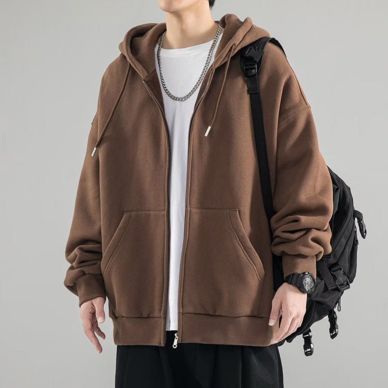 Generic Heavy Hoodie Mens Hooded Spring and Autumn New Fashion Brand Hong Kong Style Loose plus size Mens Casual Cardigan Jacket Brown plus velvet and thickening recommended by bloggers