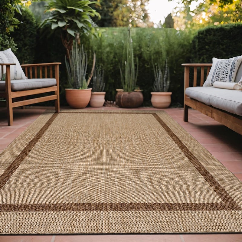 Luul Home Bordered Outdoor Rug 6x9 Washable Outside Carpet for Indoor Patio Porch Waterproof Easy Cleaning Non Shedding Area Rugs Jute Beige Nut Brown 6 x 9