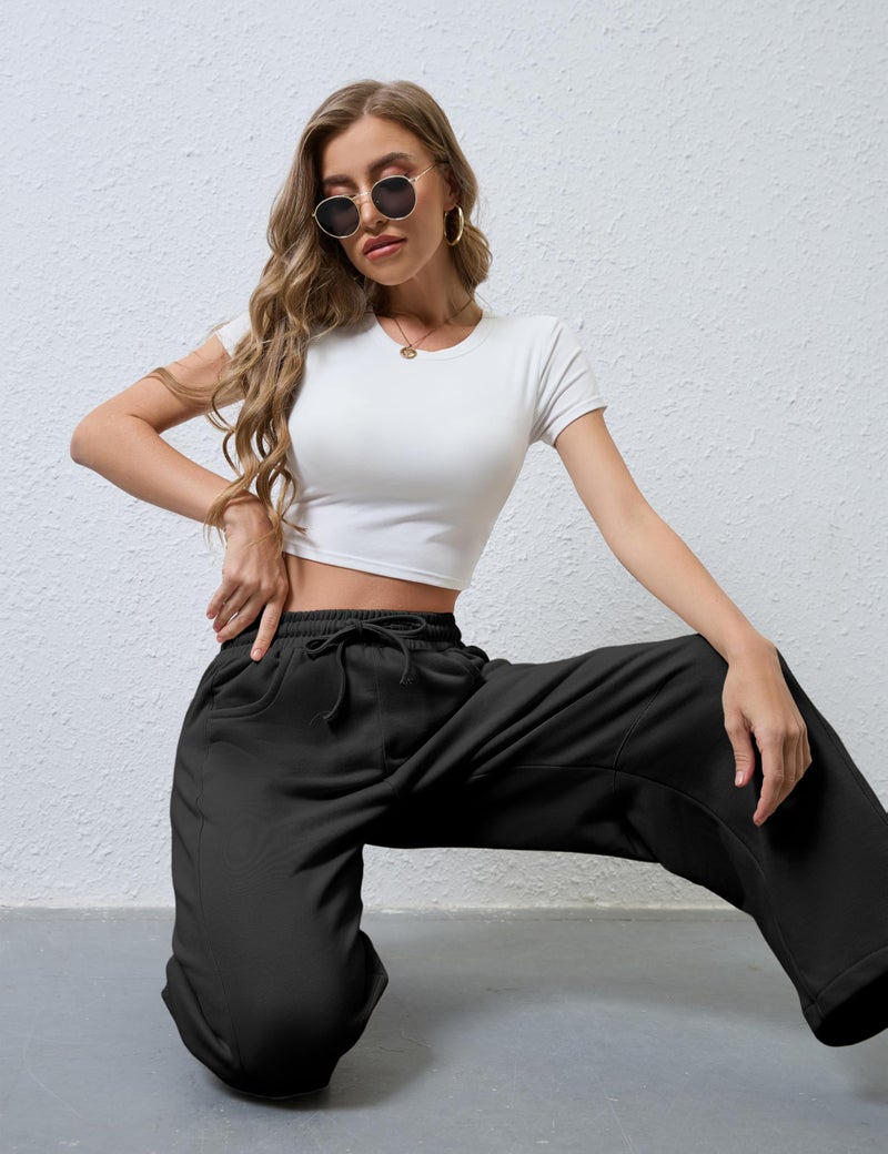 SeekMe Women's Barrel Leg Sweatpant Drawstring Elastic Waisted Wide Leg Pants Casual Cotton Palazzo Trousers with Pockets (0009-Black-M) - Image 5