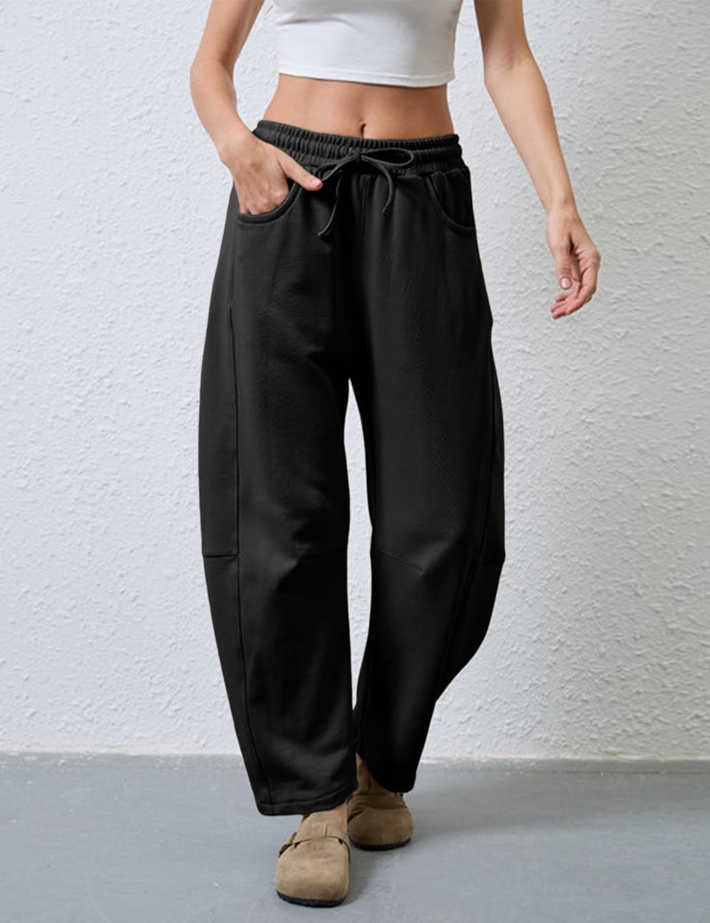 SeekMe Women's Barrel Leg Sweatpant Drawstring Elastic Waisted Wide Leg Pants Casual Cotton Palazzo Trousers with Pockets (0009-Black-M) - Image 2