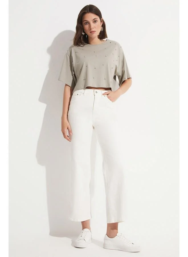 JUNE June Stone Detailed 100% Cotton Crop T-Shirt Dark Grey
