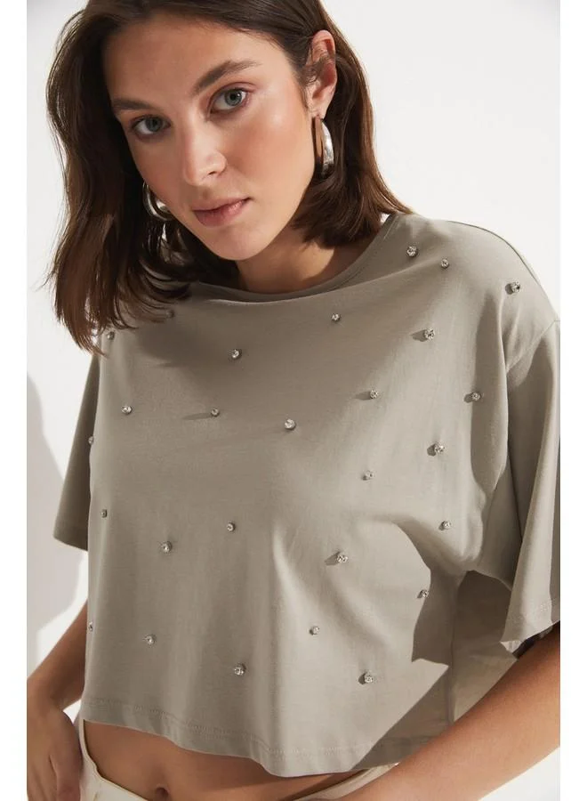 JUNE June Stone Detailed 100% Cotton Crop T-Shirt Dark Grey