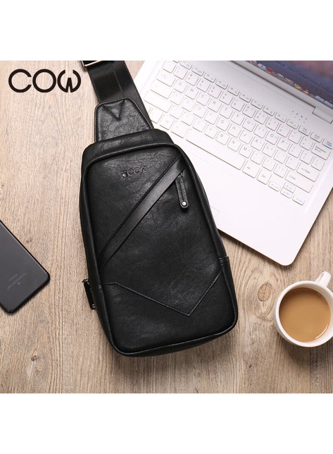 Cow Chest Bag Men's Single Shoulder Bag Fashion Men's Crossbody Casual Trendy Durable C-8610 Black - Image 2