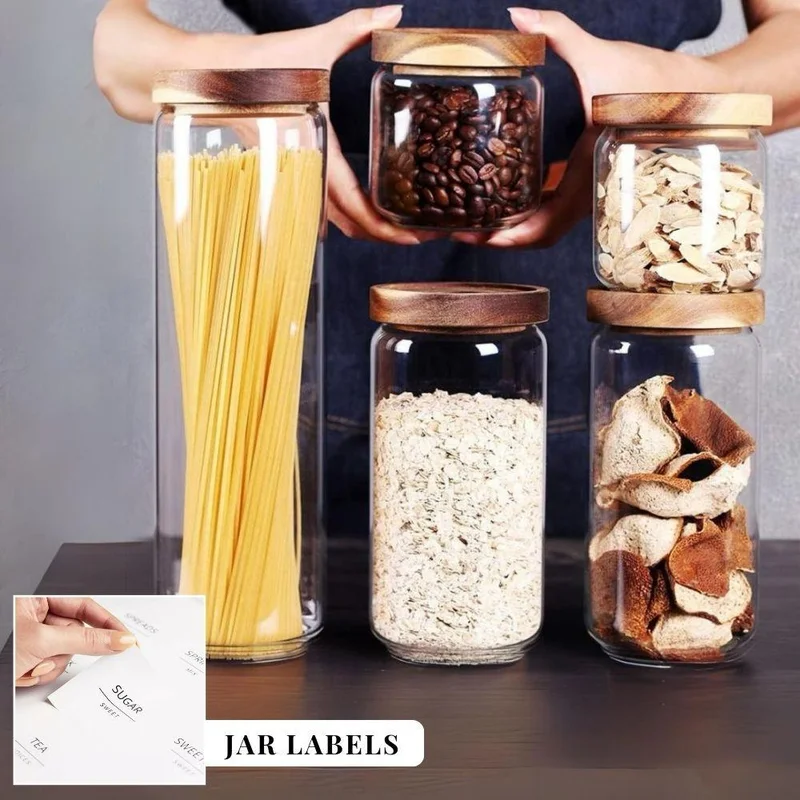 كويزيرا Quesera  Glass Storage Container jars set of 5 with Airtight Acacia Lid for Coffee Beans, Flour, Sugar, Rice and Spaghetti and etc WITH PREPRINTED PANTRY LABELS