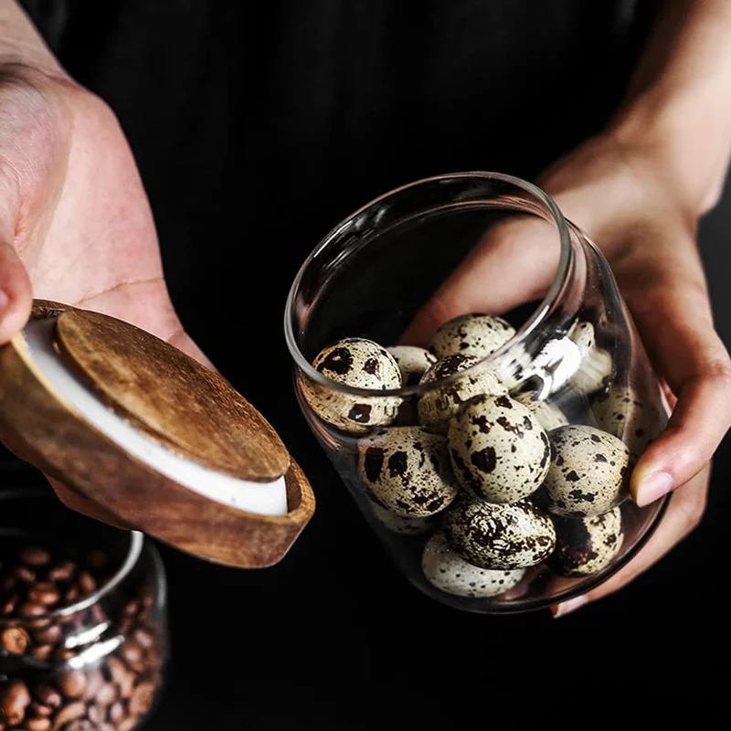 كويزيرا Quesera  Glass Storage Container jars set of 5 with Airtight Acacia Lid for Coffee Beans, Flour, Sugar, Rice and Spaghetti and etc WITH PREPRINTED PANTRY LABELS