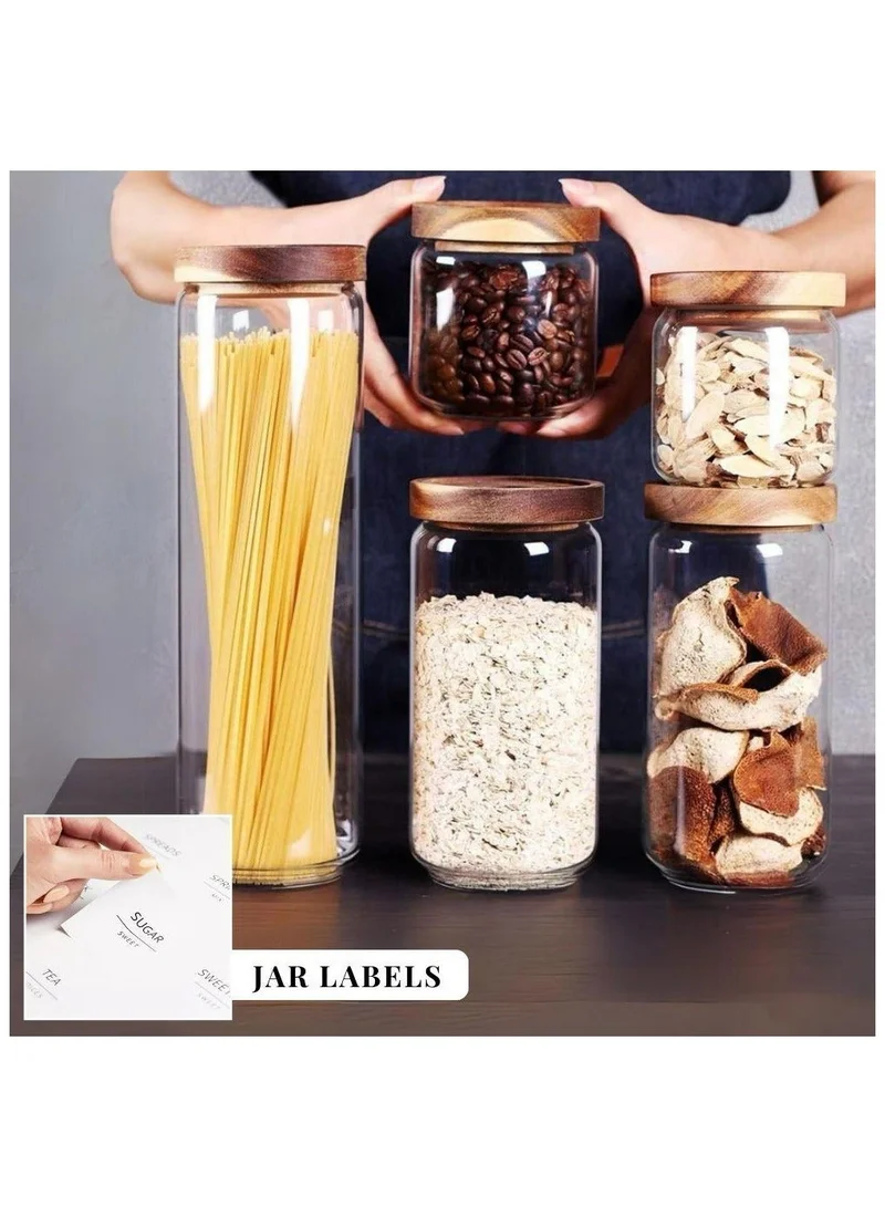QUESERA Quesera  Glass Storage Container jars set of 5 with Airtight Acacia Lid for Coffee Beans, Flour, Sugar, Rice and Spaghetti and etc WITH PREPRINTED PANTRY LABELS