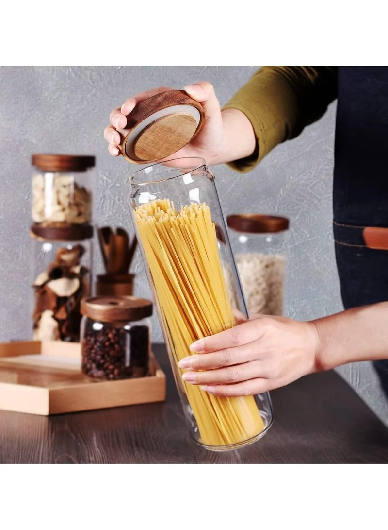 Quesera  Quesera  Glass Storage Container jars set of 5 with Airtight Acacia Lid for Coffee Beans, Flour, Sugar, Rice and Spaghetti and etc WITH PREPRINTED PANTRY LABELS  | Best Price UAE