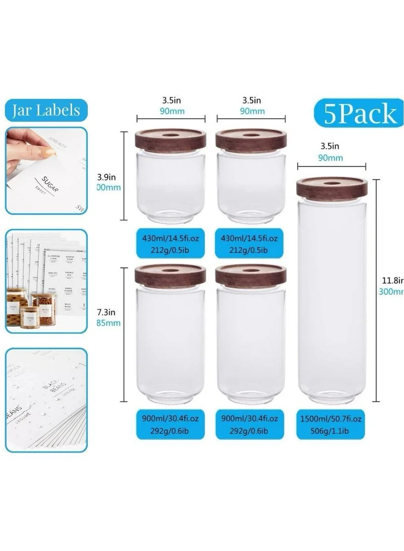 Quesera  Quesera  Glass Storage Container jars set of 5 with Airtight Acacia Lid for Coffee Beans, Flour, Sugar, Rice and Spaghetti and etc WITH PREPRINTED PANTRY LABELS  | Best Price UAE