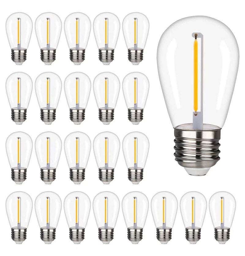 foco LED S14 inastillable e impermeable para exteriores, 1 W S14, bombillas de repuesto para patio, jardín, blanco cálido 2200 K, 70 lúmenes, foco de plástico, base E26, paquete de 24 - Image 1