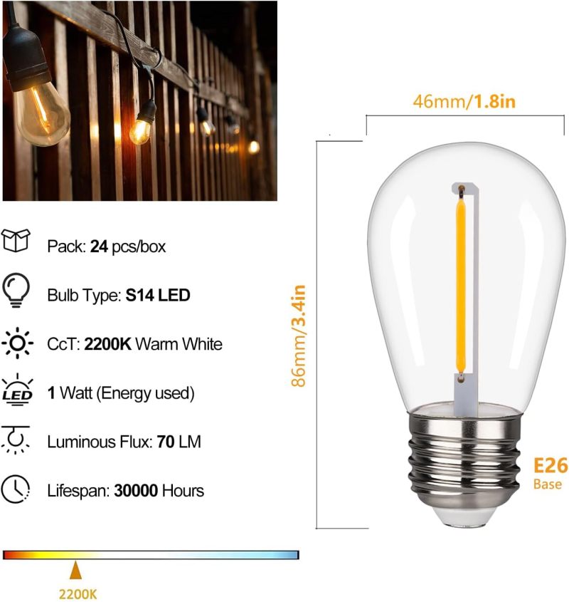 foco LED S14 inastillable e impermeable para exteriores, 1 W S14, bombillas de repuesto para patio, jardín, blanco cálido 2200 K, 70 lúmenes, foco de plástico, base E26, paquete de 24 - Image 3