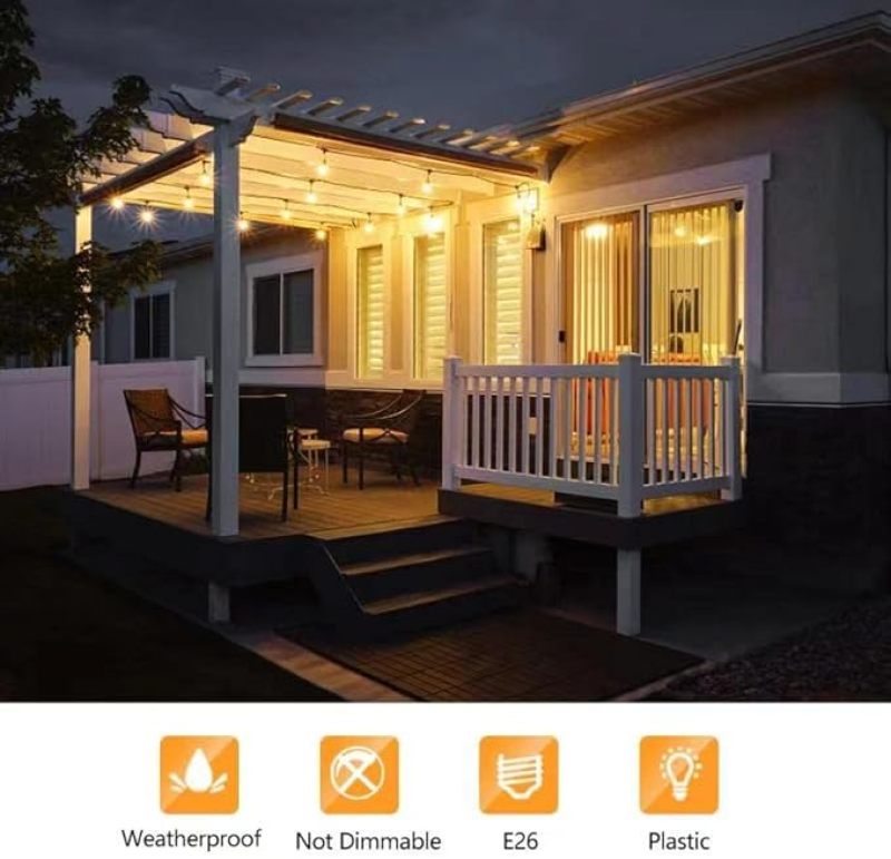 foco LED S14 inastillable e impermeable para exteriores, 1 W S14, bombillas de repuesto para patio, jardín, blanco cálido 2200 K, 70 lúmenes, foco de plástico, base E26, paquete de 24 - Image 5