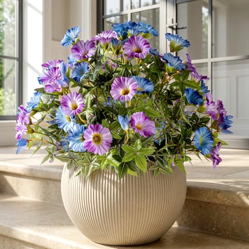Uqueeten Artificial Plants Outdoor Morning Glory Artificial Flowers Plastic Flowers for Decoration,UV Resistant Look Real Fake Flowers Faux Outdoor Plants Front Door Decor (Blue Purple, 4PCS) - Image 1