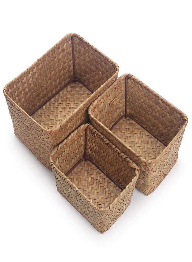 DOKOT Small Woven Wicker Open Storage, Rectangular Handmade Seagrass Baskets for Home, Bathroom Organization（Set of 3） - Image 3