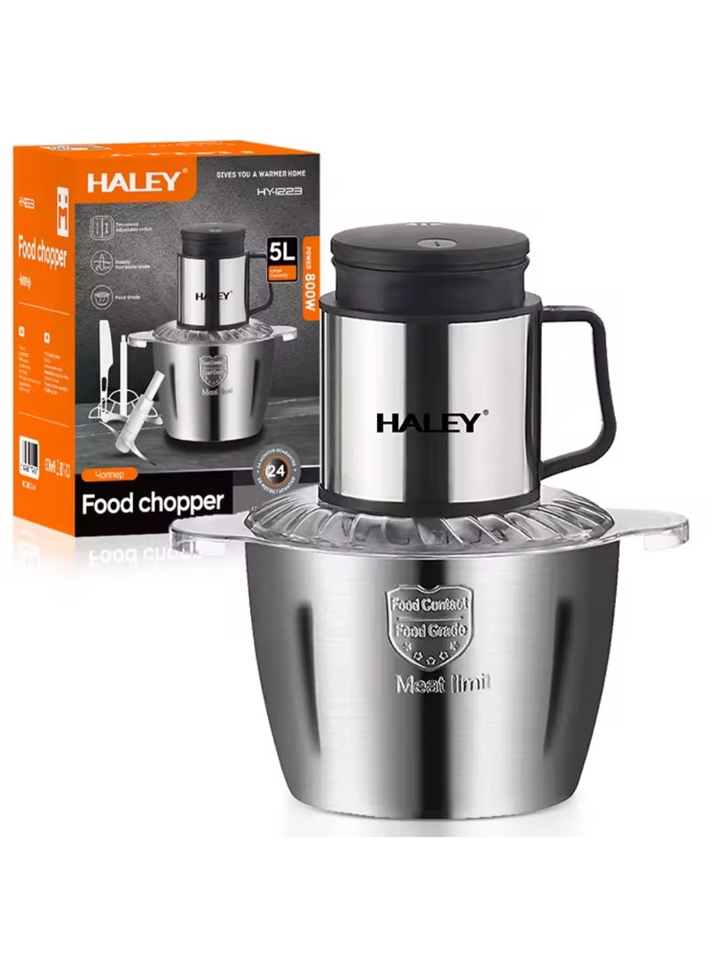 Haley مفرمة طعام منزلية 800 واط 5 لتر من الفولاذ المقاوم للصدأ، أفضل مفرمة لحوم - Image 1