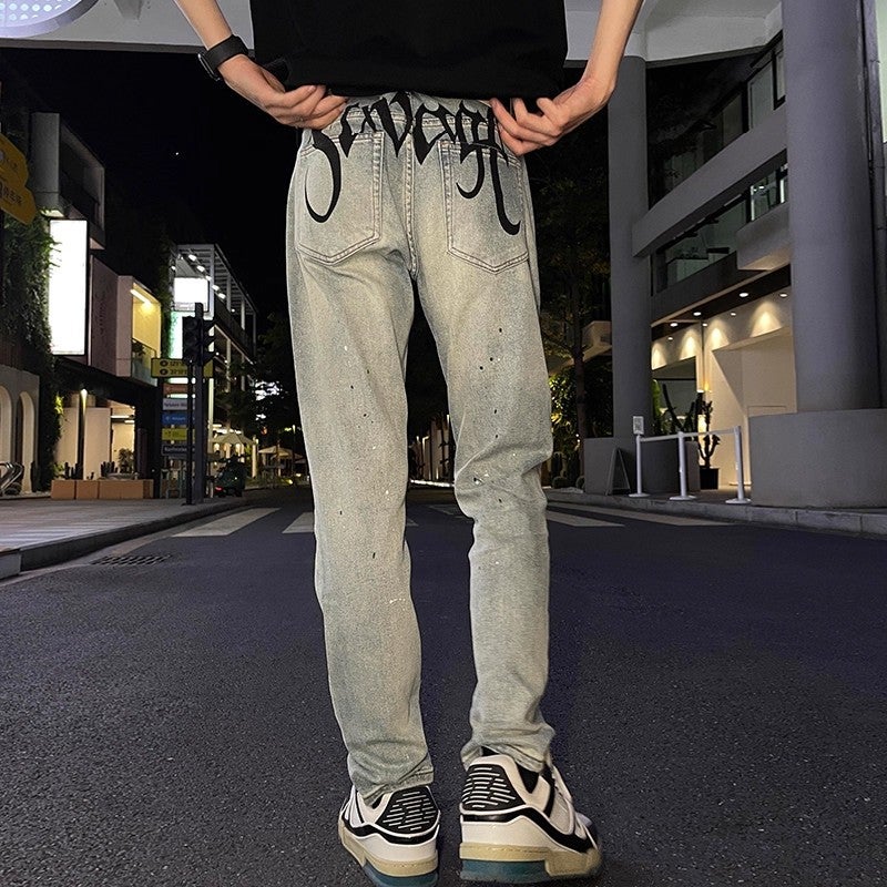 Men's American High Street Washed Jeans Summer Fashion Paint Splatter Distressed Skinny Pants Versatile Loose Straight Casual Trousers - Image 1