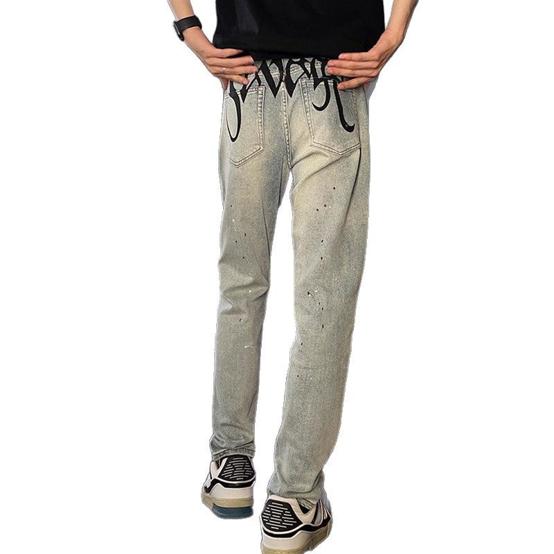 Men's American High Street Washed Jeans Summer Fashion Paint Splatter Distressed Skinny Pants Versatile Loose Straight Casual Trousers - Image 5