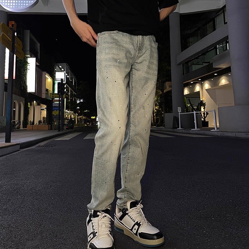 Men's American High Street Washed Jeans Summer Fashion Paint Splatter Distressed Skinny Pants Versatile Loose Straight Casual Trousers - Image 3
