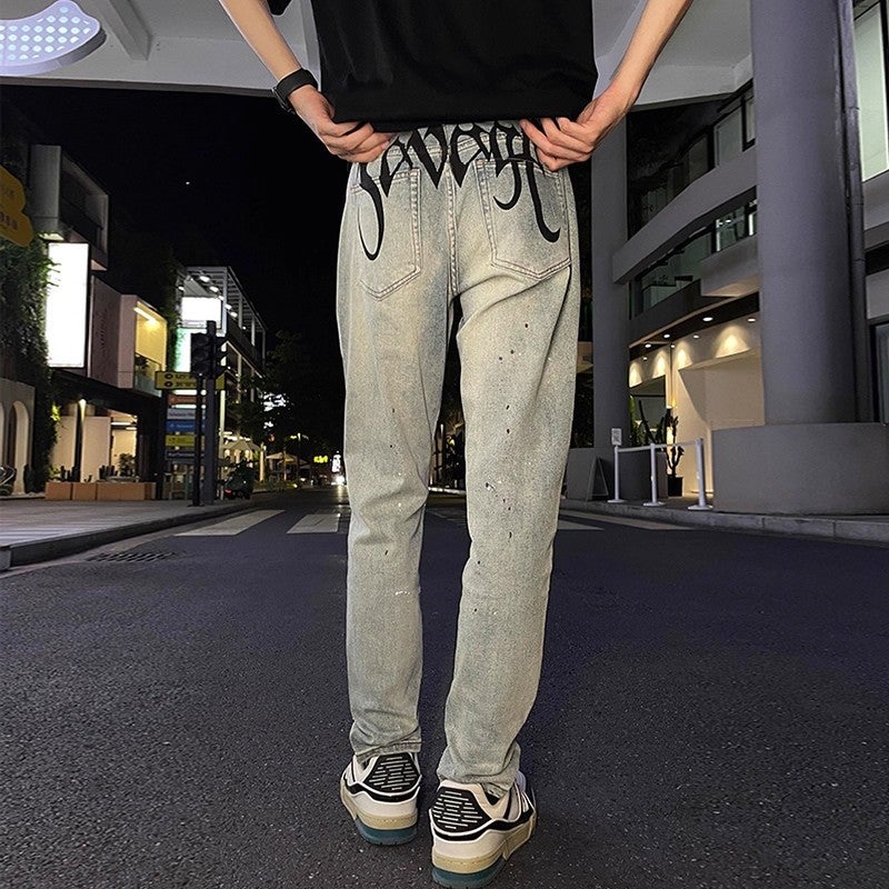 Men's American High Street Washed Jeans Summer Fashion Paint Splatter Distressed Skinny Pants Versatile Loose Straight Casual Trousers - Image 4