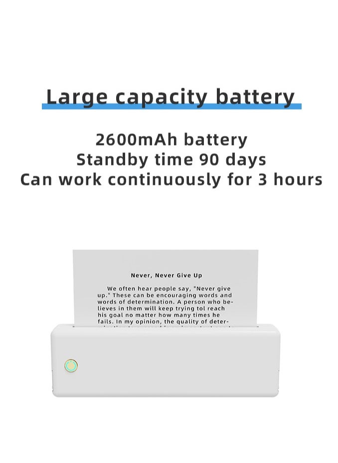 Portable A4 Mini Travel Printer Ink-Free Wireless Bluetooth Cordless All-In-One Thermal Printing Machine, Easy Setup Space Saving Lightweight, Works with iPhone, Android, MacBook, and Windows laptops
