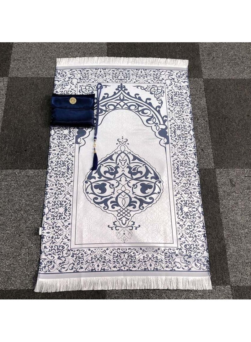 travel portable turkish prayer mat rug with the prayer beads in satin pouch set for muslim gifts (Navy blue) - Image 2