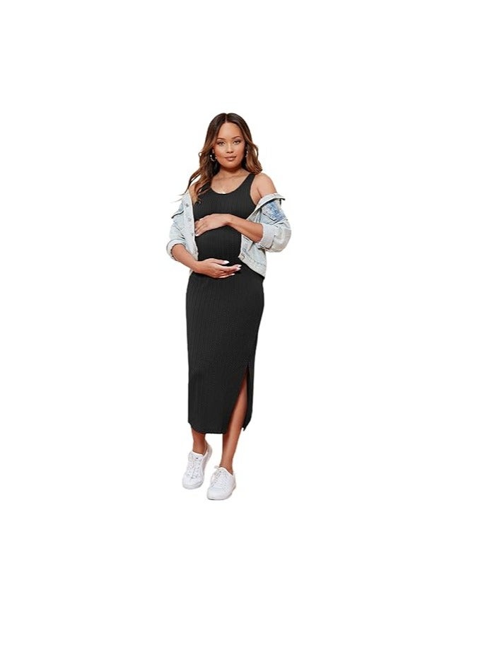 Women's Maternity Rib Knit Split Side Sleeveless Bodycon Tank Pencil Dress  - Image 1