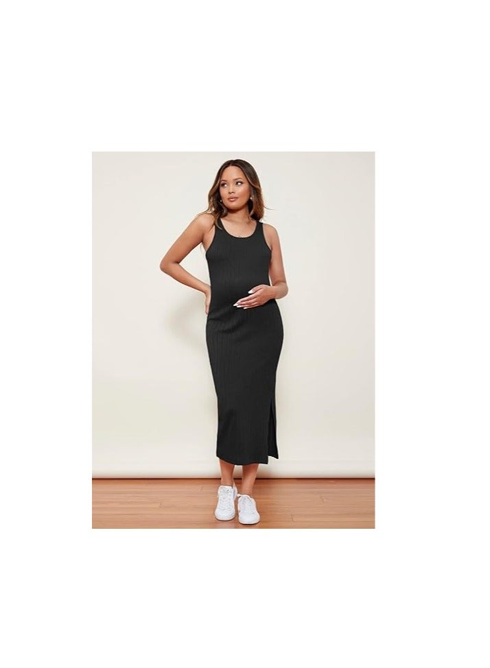 Women's Maternity Rib Knit Split Side Sleeveless Bodycon Tank Pencil Dress  - Image 3