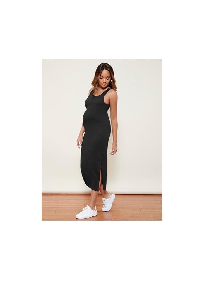 Women's Maternity Rib Knit Split Side Sleeveless Bodycon Tank Pencil Dress  - Image 4