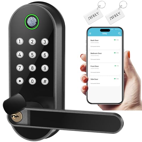 Sifely Keyless Entry Fingerprint Smart Lock with Handle & Keypad: Sifely Biometric Digital Electronic Lock with Code, Electric Deadbolt Door Knob for Front, Interior, Exterior & Bedroom Doors (Black) - Image 1