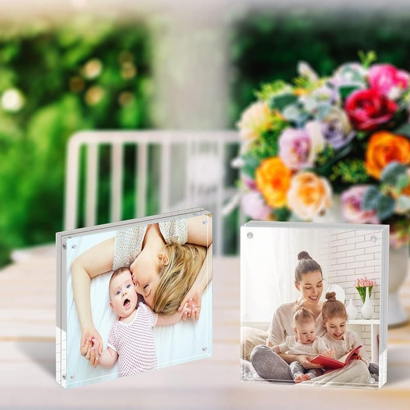 ILYXY 3 Pack Acrylic Frame 5x5  20% Thicker  20mm Thick Frameless Clear Picture Frame  Double Sided Magnetic Photo Frame  Free Standing Desktop Display Stand Acrylic Picture Frames - Image 4